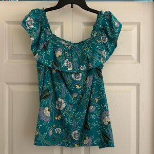 Green Teal Loft Linen Blend off Shoulder Ruffle Top M Medium NWT